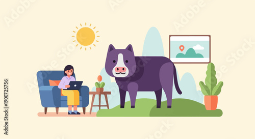 Person works on laptop in armchair with purple pet nearby