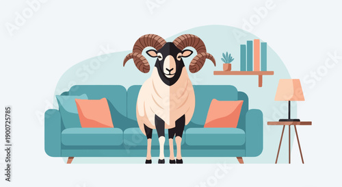 Sheep with large horns stands in a living room with a sofa and lamp