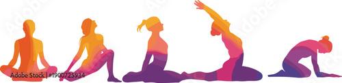Yoga pose sequence illustration, women practicing stretching exercises, wellness flexibility meditation concept, healthy lifestyle routine, modern colorful flat vector artwork