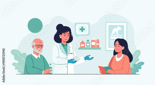 Pharmacist discusses health with senior man and woman holding book
