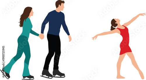Ice skating family illustration showing parents and child learning figure skating winter sport activity vector design