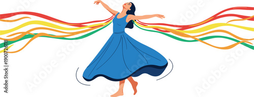 Dancing woman in blue dress with colorful flowing ribbons on white background