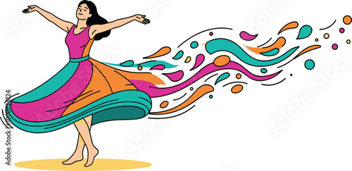 Woman dancing with colorful abstract swirls and confetti celebration background