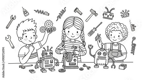 Children Building Robots with Tools.