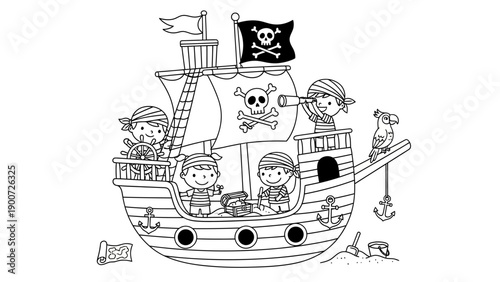 Pirate ship with kids sailing.