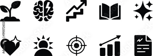 A powerful collection of black glyph icons representing success personal development and positive outcomes