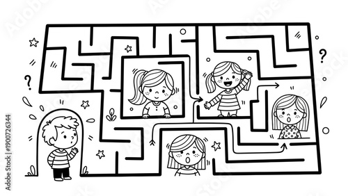 Children Lost in Maze Illustration.