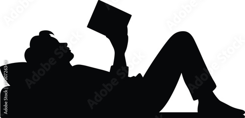 Man reading book while lying down, relaxed leisure activity silhouette scene, home lifestyle concept, comfortable resting position, flat vector illustration