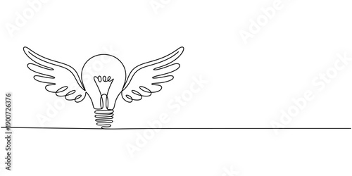 Continuous One line drawing of light bulb with wings. Creative power concept, Single continuous line drawing flying light bulb with wings. Imagination, inspiration, fantasy icon. Knowhow sign.