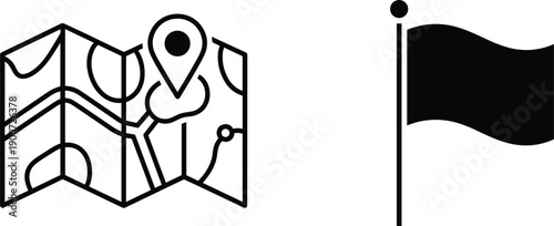 Map and flag icons representing navigation destination location travel marking route vector illustration minimal design modern flat symbols