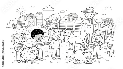 Children and Farmer on Farm.