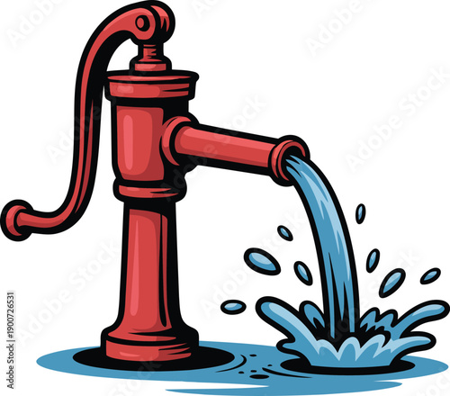 A retro styled red water pump drawing and expelling a continuous cascade of clean blue water droplets