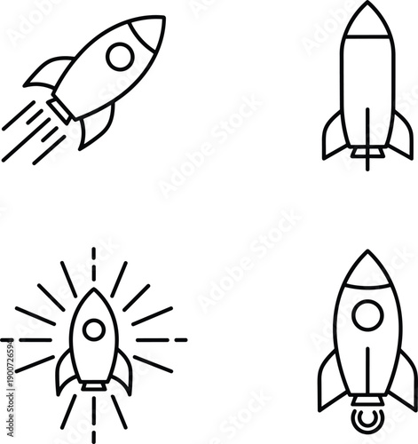 Outline rocket icons showing launch success startup growth innovation space technology business progress vector illustration minimal modern line design