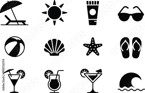 A set of black silhouette icons depicting various symbols and activities associated with summer, beaches, and relaxation