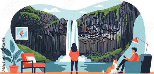 Relaxing indoors with a view of a majestic waterfall and rocky cliffs