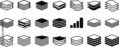 Abstract layered stack icons set, minimalist vector symbols for data, design, infographic, UI, analytics, technology, presentation, web, business, concept, collection