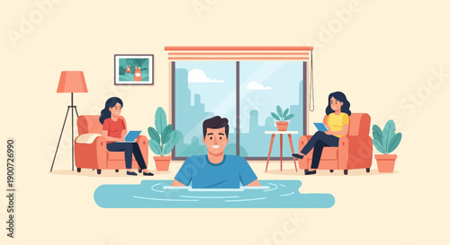 Relaxing home scene with people reading and a man in water