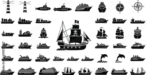 Black ship and marine transportation silhouettes set including cruise ships submarines sailboats lighthouse compass nautical icons collection