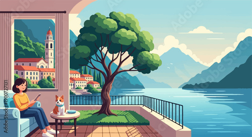 Relaxed woman with dog on balcony overlooks serene lake, mountains, and village