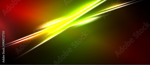 Abstract vibrant streaks, yellow, green, red hues. Diagonal lines create dynamic energy, dark background contrasts bright colors.