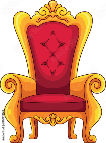 Ornate golden royal throne chair vector illustration with red velvet cushion for luxury palace design