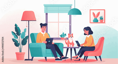 Relaxed people working on laptops with a cat in a cozy home