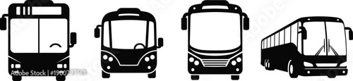 City bus front view icons set, black silhouette public transportation vehicles for urban transit, travel, logistics, web, app, infographic design
