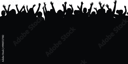 Cheering crowd silhouettes with raised hands celebrating at concert festival or sports event, excited audience black vector illustration