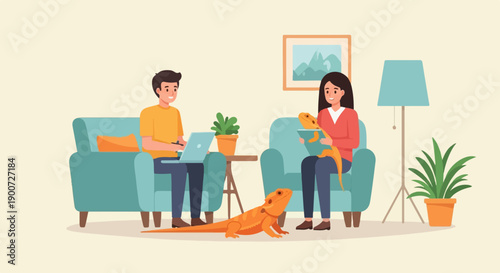 Relaxed domestic scene with people and pet lizards at home