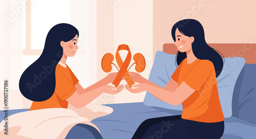Supportive care women sharing hope with ribbon, kidneys, and orange awareness
