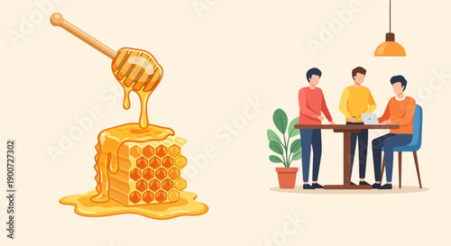 Sweet honeycomb dripped by a dipper; three men collaborate at a table