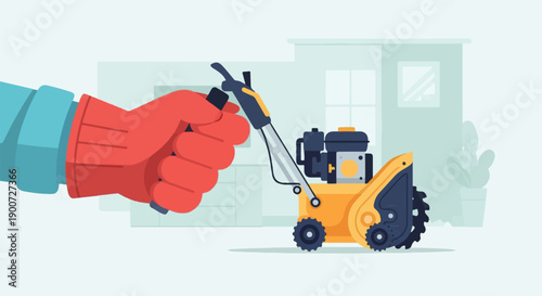 Red gloved hand holding a yellow snow blower with blue accents