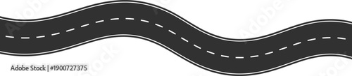 A sinuous dark grey road with clear white dashed markings unfolds on a bright white background