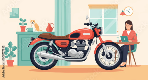 Red motorcycle interior scene with woman working and pet dog nearby