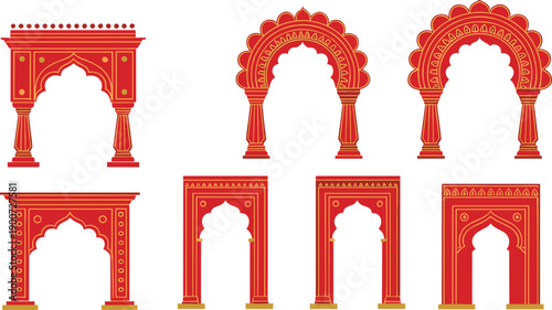 Foto Ornate Red Indian Palace and Mughal Arch Vector Set with Traditional Entrance De