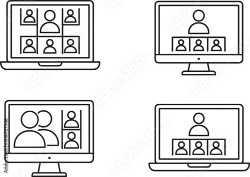 Video conference screen icons representing online meeting teamwork remote communication webinar business education vector illustration outline design