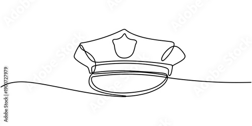 police hat continuous one line drawing, Hat with security guard badge, Police hat., Continuous one line drawing of police cap. Clothing, protection, officer concept. Editable stroke vector. Graphic