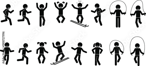 Stick figure people activities icons set showing running jumping skating dancing walking rope skipping kids silhouettes isolated vector illustration collection
