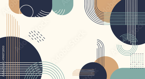 Geometric pattern with navy blue, beige, and teal shapes, lines, and dots for background or texture, overlay effect or website design element