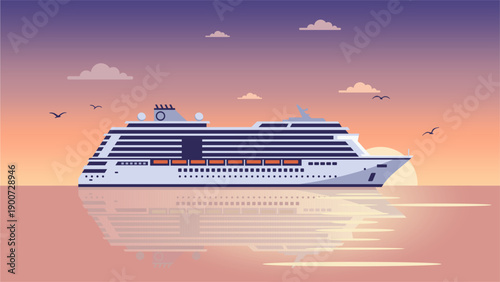 Luxury Cruise Ship Sailing at Sunset, Flat Vector Illustration