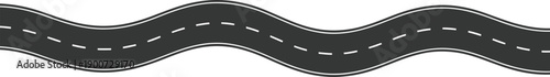 A winding road illustration with dashed white lines on a grey surface is isolated on white