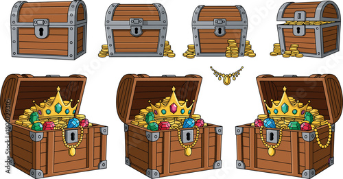 Set of closed and open treasure chests filled with gold coins gems and jewelry vector illustration