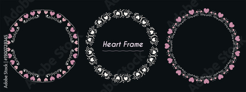 Lace heart wreath frame set. Vector round borders with pink hearts, white floral embroidery in circular patterns, symbolizing romantic decoration, Valentine greeting card, vintage wedding ornament