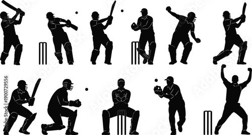 Large Set of Cricket Player Silhouettes Including Batsman, Bowler, Fielder, and Wicketkeeper Actions for Sports Promotions, Tournament Posters, and Athletic Competition Graphic Designs