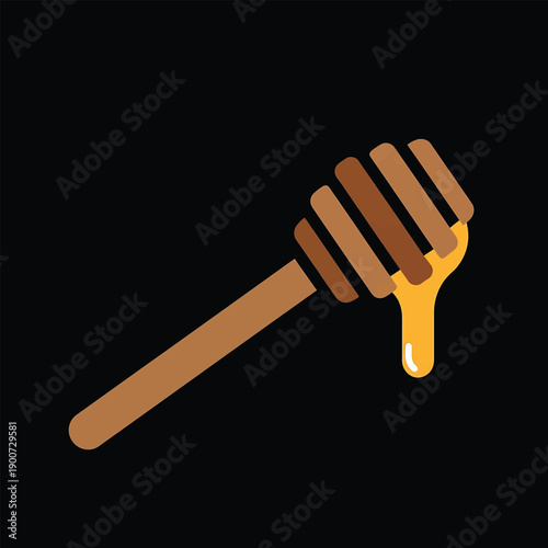 Honey dipper with dripping golden honey on black background.