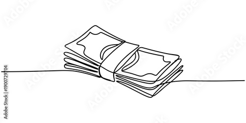Continuous line, one banknote with dollar symbol in the center, money, financial business illustration. Continuous single one line drawing art of money paper. Editable outline