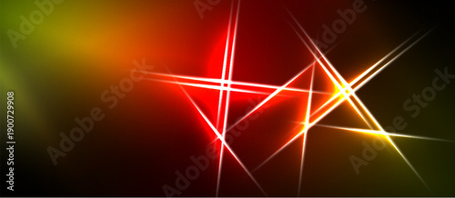 Abstract background features vibrant red lines intersecting over gradient orange, yellow, black hues. Dynamic energy radiates from central point.