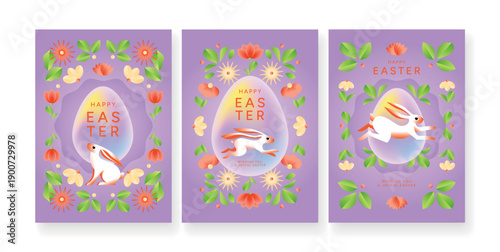 Set of Happy Easter greeting posters with bunny rabbit, egg shapes and decorative spring flowers on purple background. Floral holiday card collection. Flat vector illustration for poster, greeting car