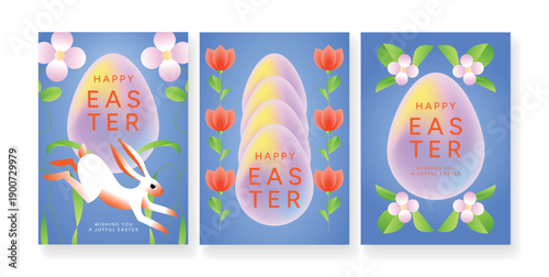 Set of Happy Easter greeting posters with bunny rabbit, egg shapes and spring flowers on blue background. Floral holiday card collection. Flat vector illustration for poster, greeting card, promo, sal