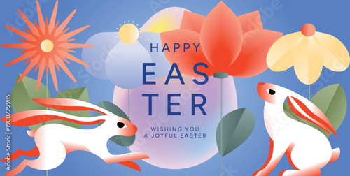 Happy Easter greeting card with two bunnies, spring flowers and pastel egg on blue background. Festive holiday illustration with rabbit, Easter symbols and floral elements for poster, card, ad